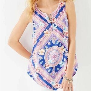 pure Jill Hibiscus Floral SCARF PRINT TANK Lace-Up Neck Lightweight Rayon Top M